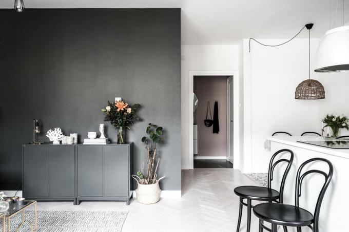 Stilig dvushka 42 m² med en svart stue og soverom på kjøkkenet