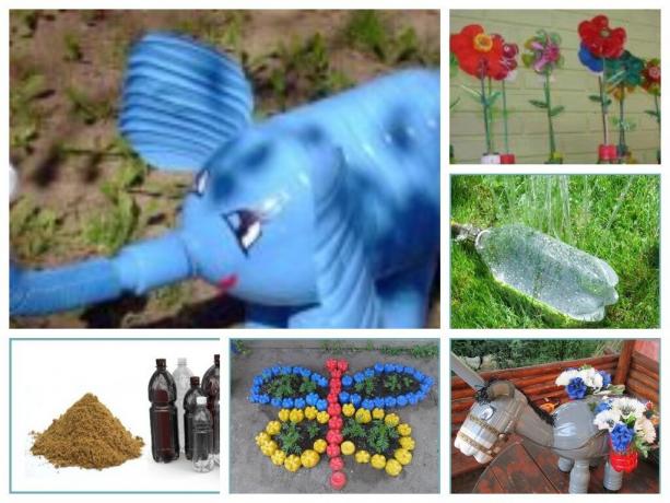 Håndverk for hage, tun, hage med sine egne hender fra plastflasker med bilder