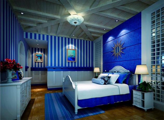 Foto av et soverom med en blå fargetone i hele rommet
