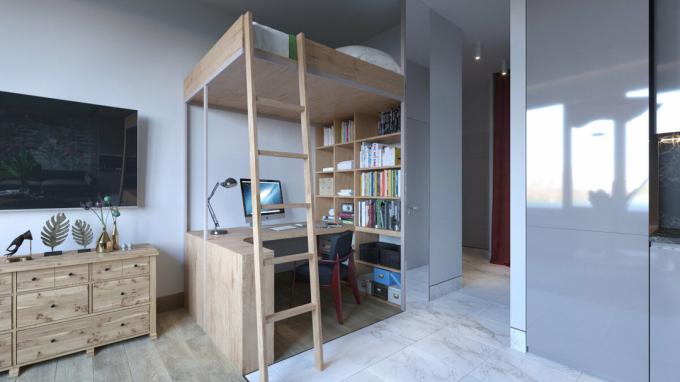 Studio på 28 m² i en ny bygning med et kontor og et soverom loft