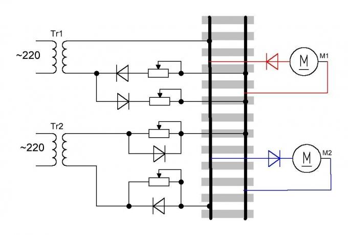 En enkel styrekrets to likestrømsmotorer av den samme kraftlinjen