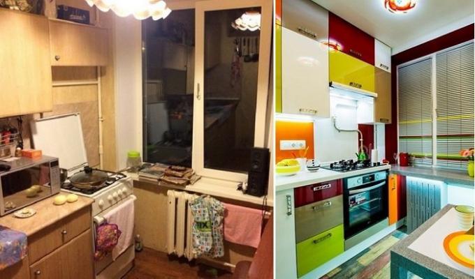 Kjøkkenet i "Khrusjtsjov" før og etter reparasjoner.