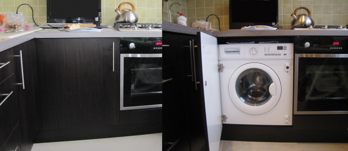 Vaskemaskin på kjøkkenet: gjør-det-selv-videoinstruksjoner for installasjon, fordeler og ulemper med en slik installasjon, hvordan du gjemmer deg, passer inn i interiøret, skap, pris, bilde