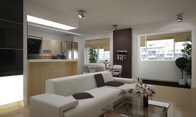 Kjøkken - kombinert med et rom. Design i akromatiske farger