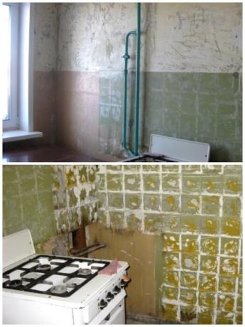 For å begynne, gjennomført alle møbler og rengjøres veggene i de gamle fliser og tapet. | Foto: youtube.com.