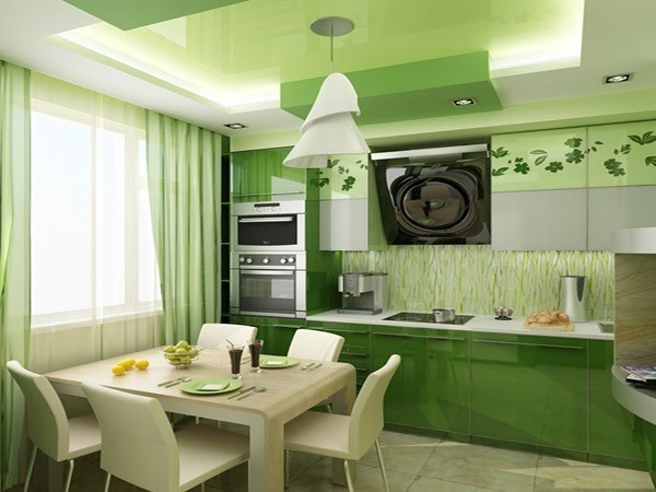 Kjøkken i grønne toner - interiørets integritet fullfører valget av retter og gardiner