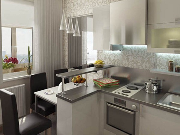Kjøkkendesignet som vises på bildet er et moderne design, og det gjør det klart at en slik innredning er bra selv for et lite rom.