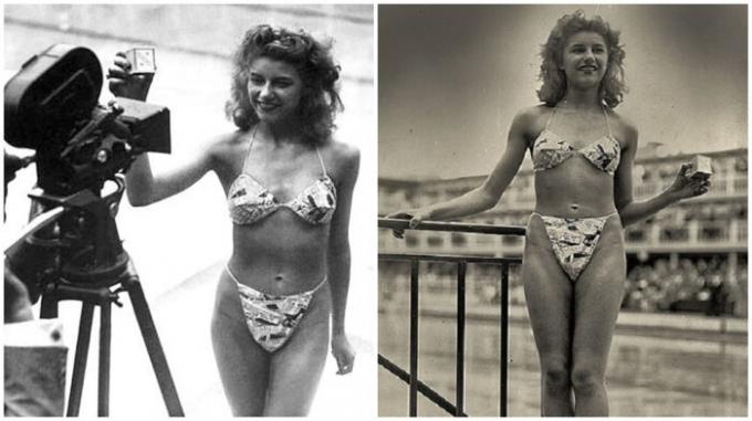 19-åringen danser Micheline Bernardini - den eneste som enige om å besudle i en bikini (1946).