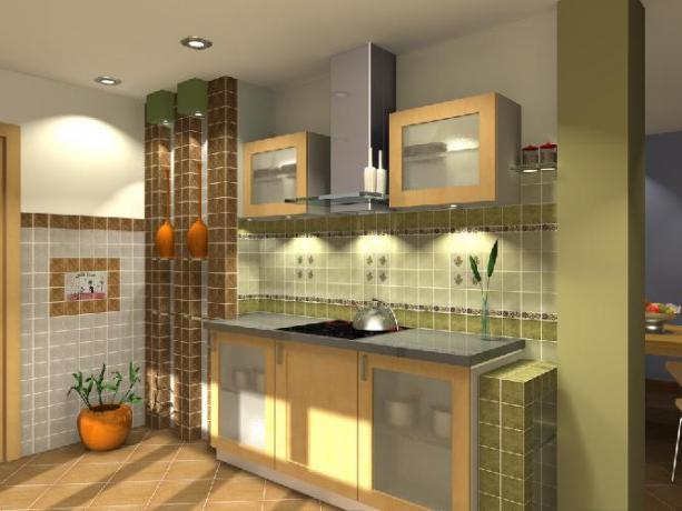 Grønnbrunt kjøkken - et spill av farge og lys