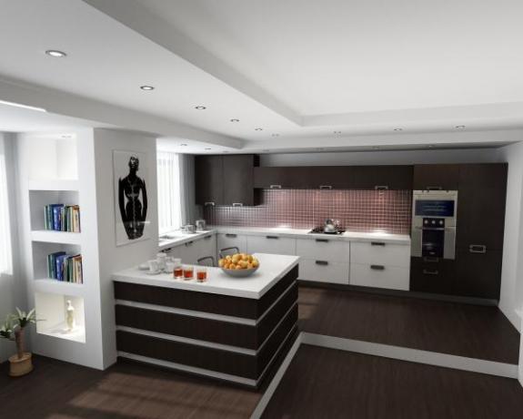 Bruken av moderne stiler er utbredt i interiøret på kjøkkenet og stuen.