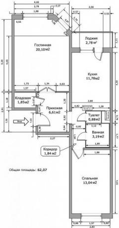 Oppsett av en to-roms leilighet i et hus i IP-46S-serien med alle dimensjoner